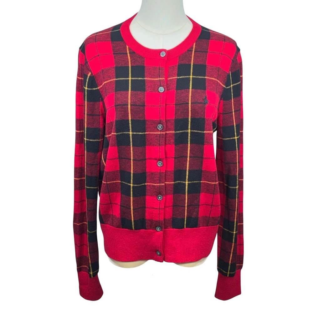 Polo Ralph Lauren Buffalo Check Cardigan Red Black Plaid Cotton Wool Women M